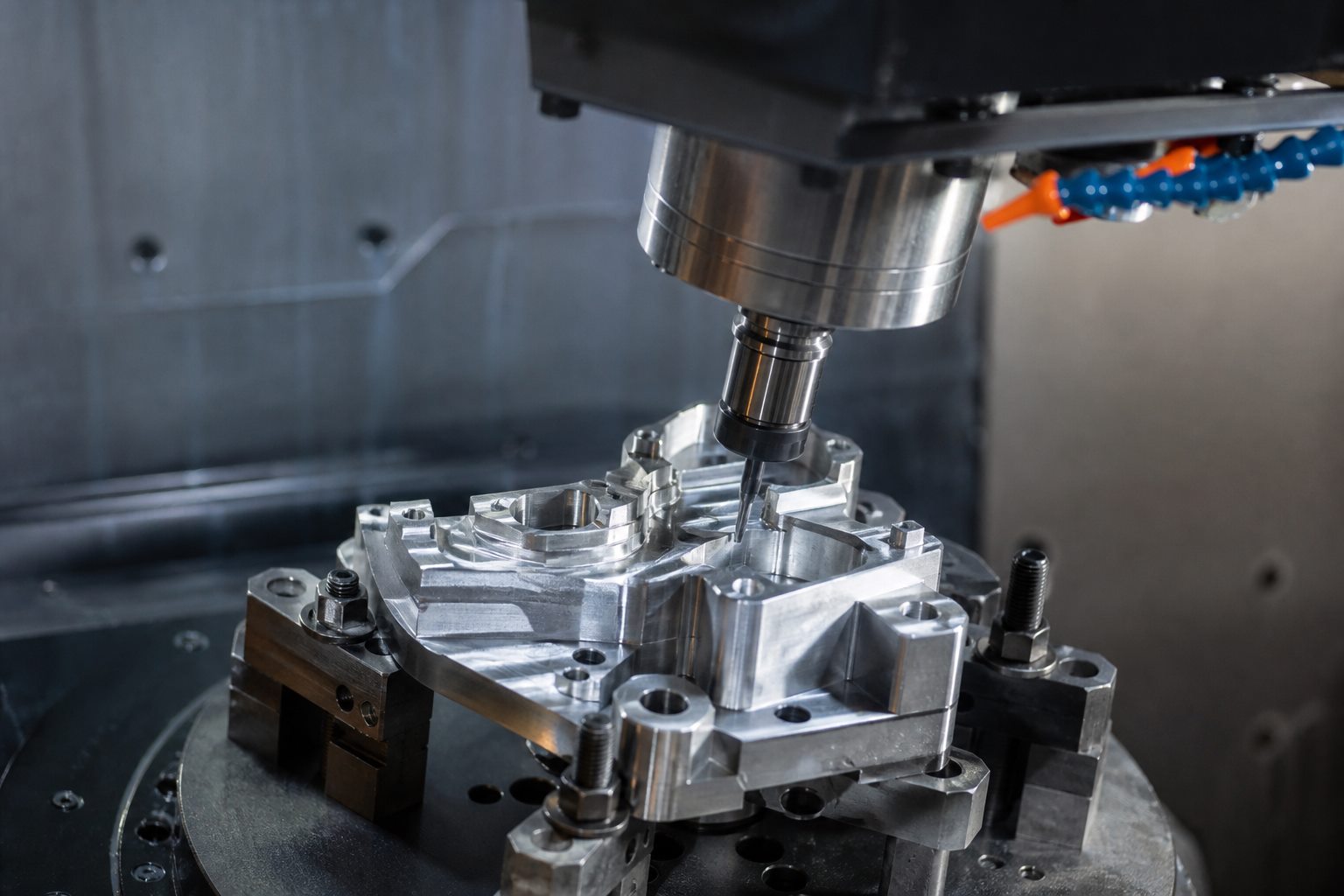 Fræseværktøj bearbejder et metalemne i CNC-maskine